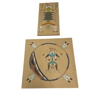 Vintage Two Wood Board Sand Art Southwestern Native American Signed Art Pieces